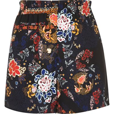 Black floral print high waisted shorts